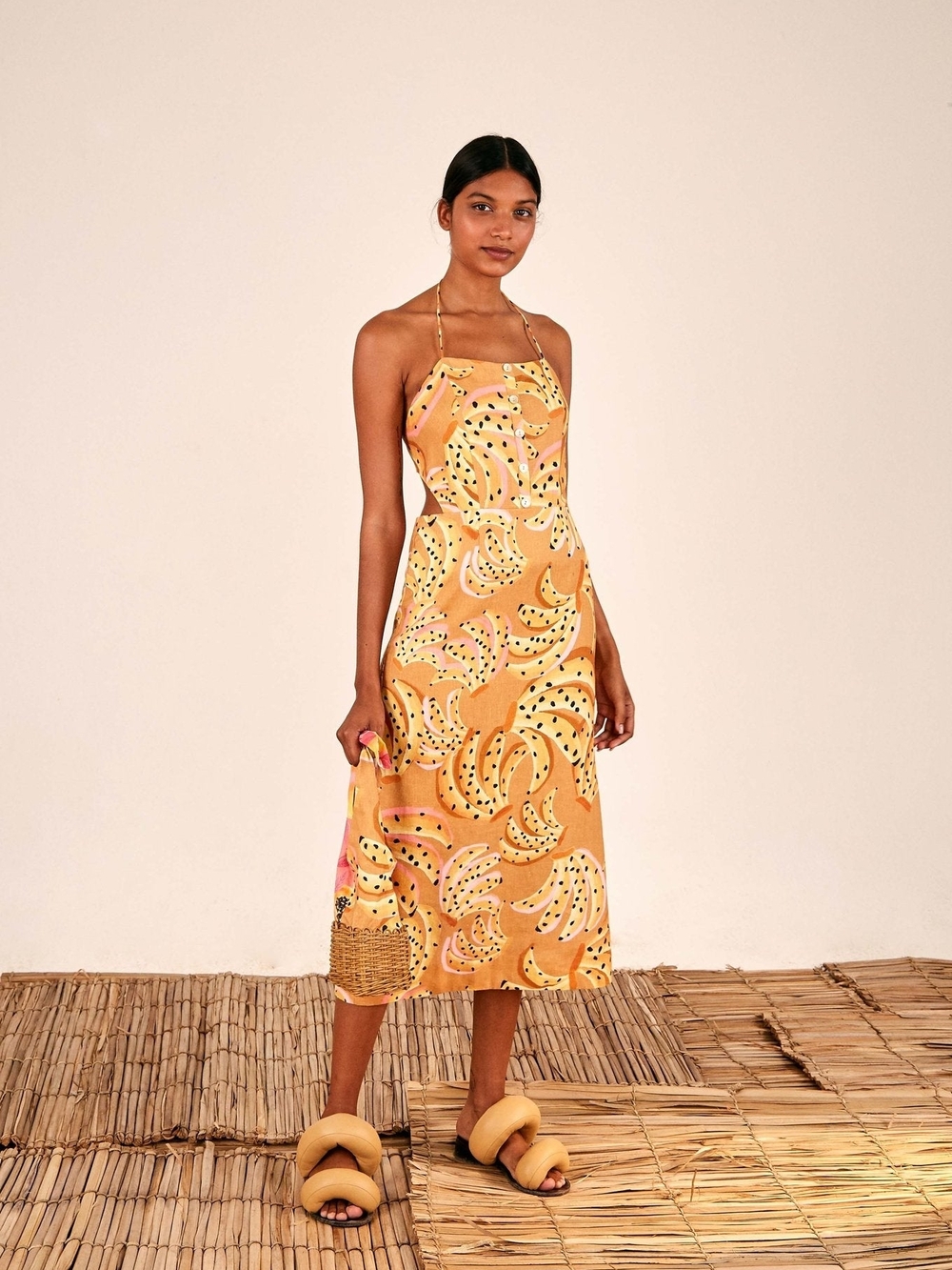 Farm Rio Caramel Raining Bananas Midi Dress Multi L